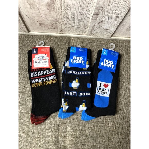 Bud Light Beer Crew Socks Size 10-13 Black Navy Blue Fun Party Gift 3 Pairs - Picture 1 of 6